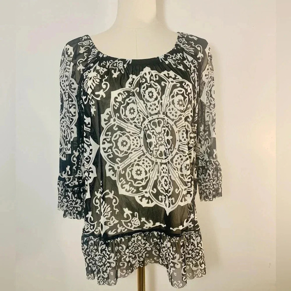 INC Women Printed Ruffled Sheer Peasant Top Henna Emblem Size Petite Large - Picture 2 of 7